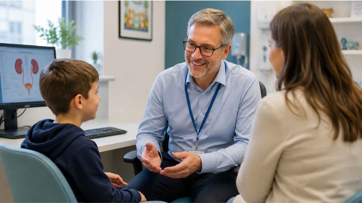 manchester-clinic-doctor-parent-child Doctor speaking to a parent and child